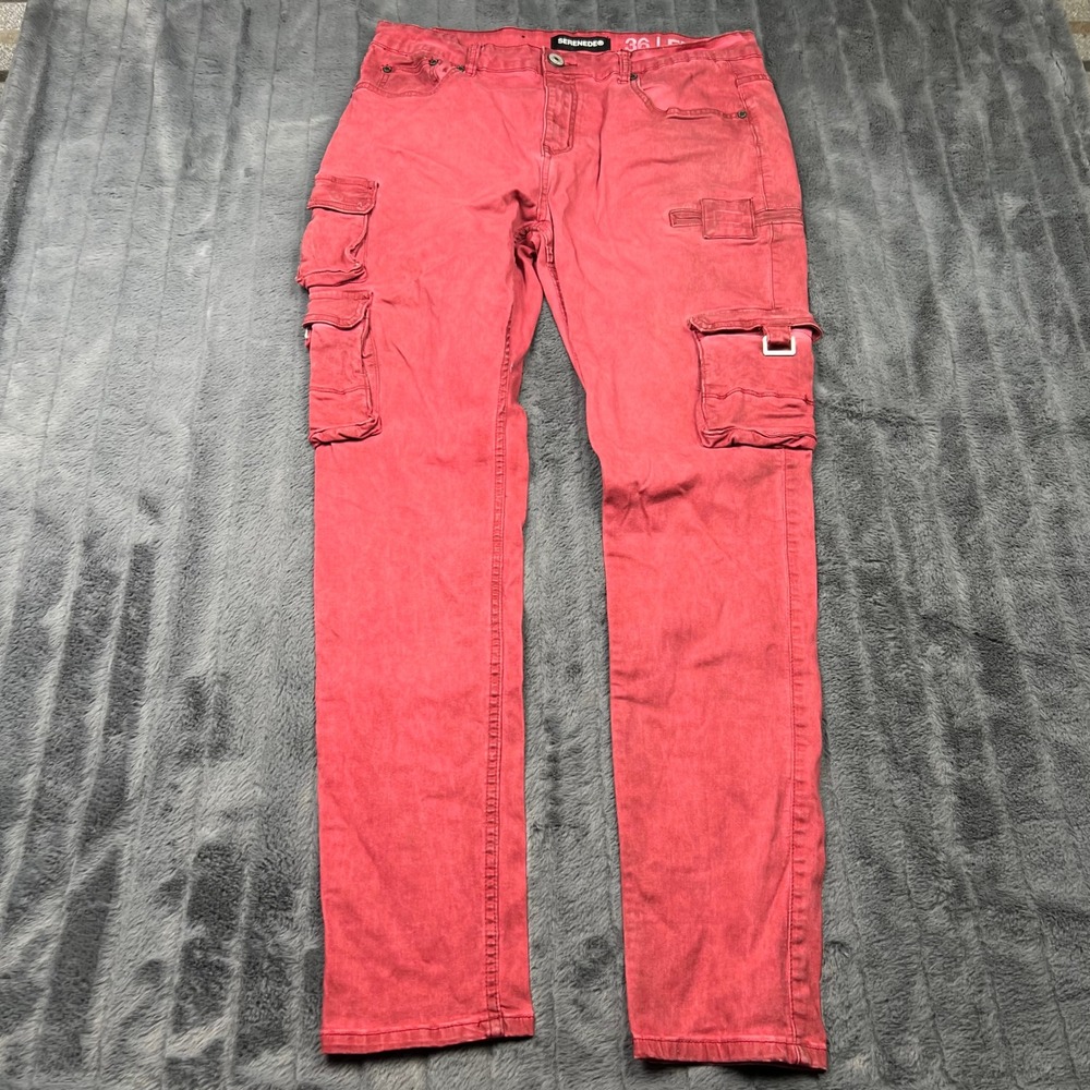 Serenede Mens Fitted Cargo Pants Red Wash Utility Streetwear Size 36